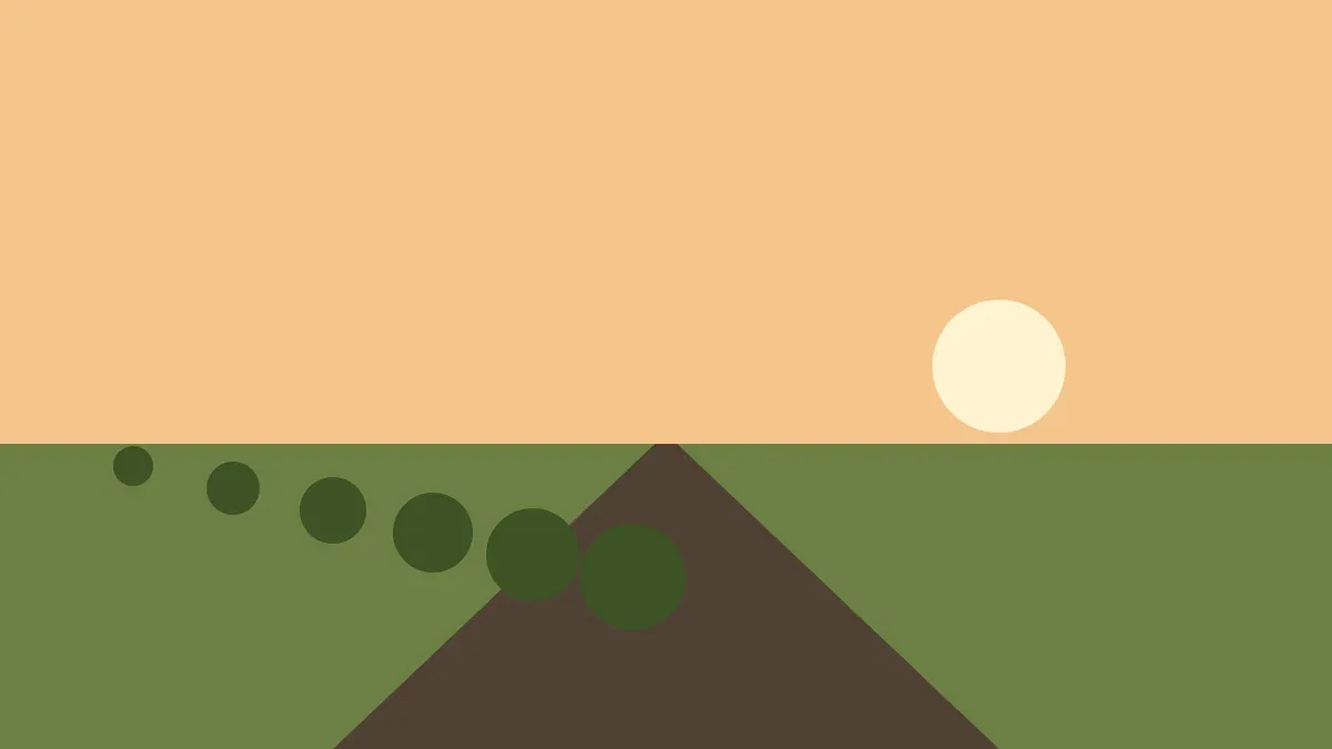 The road at dawn, running between green fields toward a low sun